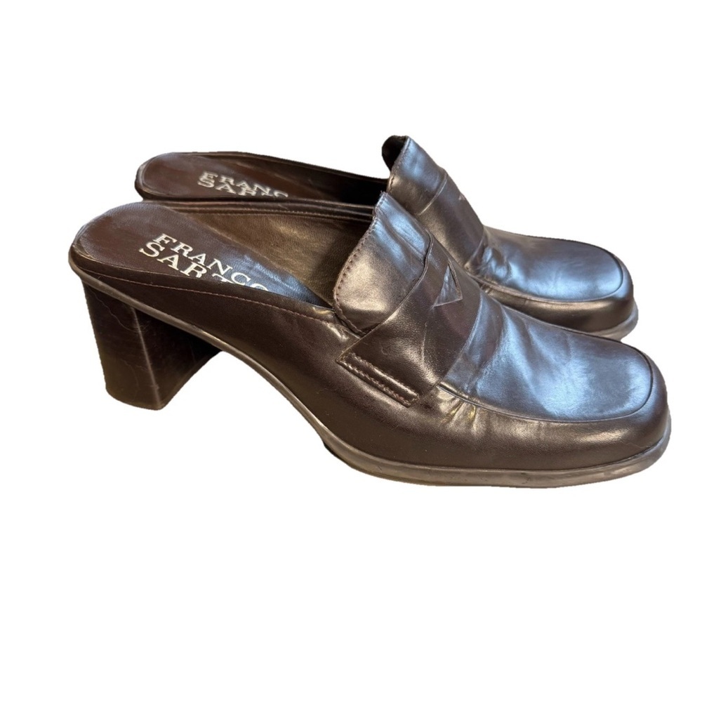 Franco Sarto Brown Leather Loafer Mule Heels 8.5 Preppy Y2K Academia Shoe S2